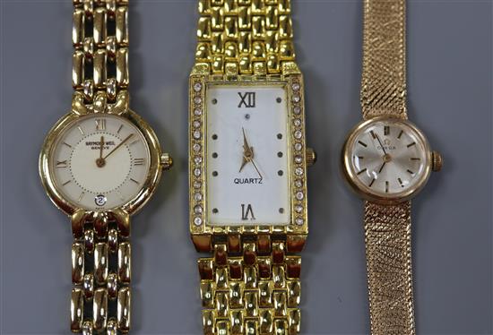 A ladys 9ct gold Omega manual wind wrist watch on 9ct gold bracelet and two other wrist watches including Raymond Weil.